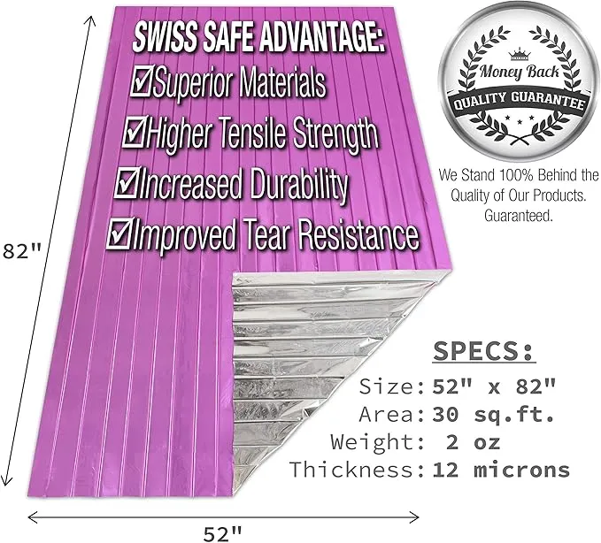 Swiss Safe Emergency Mylar Thermal Blankets   Bonus Space Blanket - Compact & Insulated for Cold Weather - Designed for NASA, Outdoor Camping, Survival, First Aid Car Kit - Pink, 4 Pack