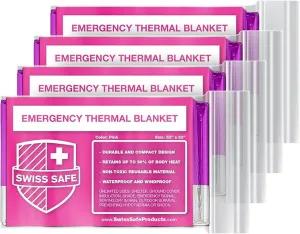 Swiss Safe Emergency Mylar Thermal Blankets   Bonus Space Blanket - Compact & Insulated for Cold Weather - Designed for NASA, Outdoor Camping, Survival, First Aid Car Kit - Pink, 4 Pack