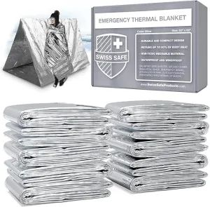 Swiss Safe Emergency Mylar Thermal Blankets   Bonus Space Blanket - Compact & Insulated for Cold Weather - Designed for NASA, Outdoor Camping, Survival, First Aid Car Kit - Silver, 25 Pack