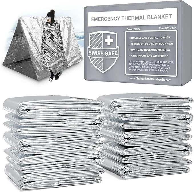 Swiss Safe Emergency Mylar Thermal Blankets   Bonus Space Blanket - Compact & Insulated for Cold Weather - Designed for NASA, Outdoor Camping, Survival, First Aid Car Kit - Silver, 25 Pack