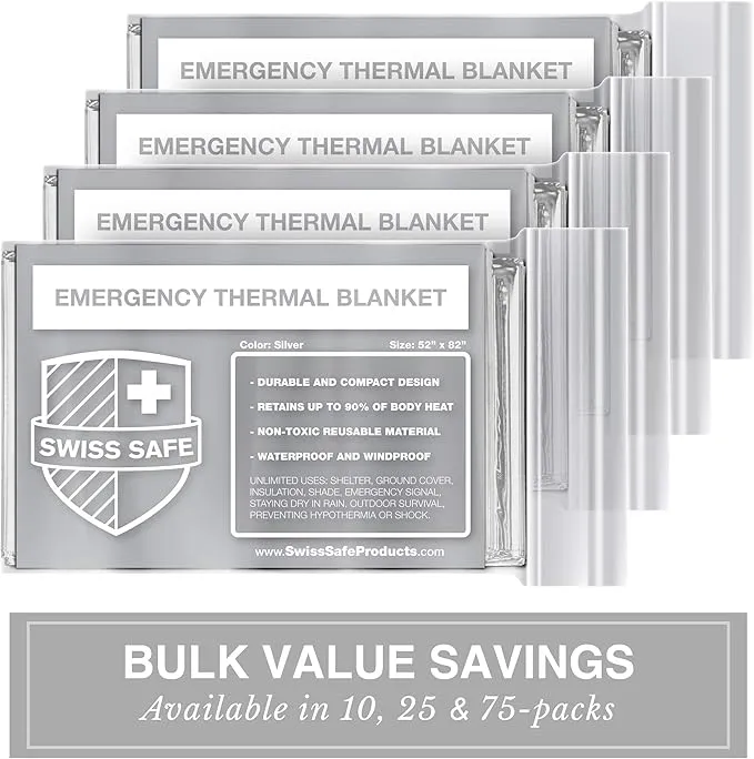 Swiss Safe Emergency Mylar Thermal Blankets   Bonus Space Blanket - Compact & Insulated for Cold Weather - Designed for NASA, Outdoor Camping, Survival, First Aid Car Kit - Silver, 25 Pack
