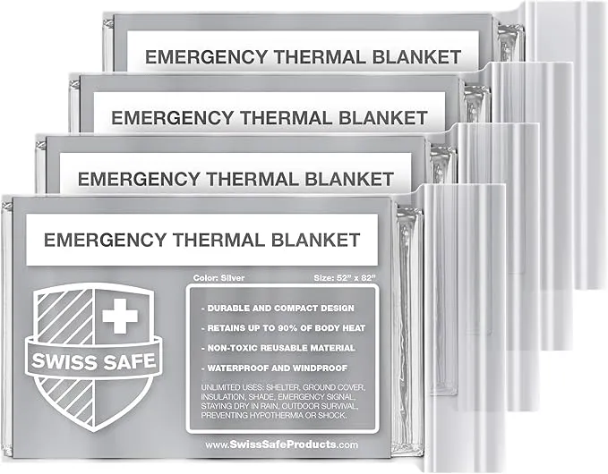 Swiss Safe Emergency Mylar Thermal Blankets   Bonus Space Blanket - Compact & Insulated for Cold Weather - Designed for NASA, Outdoor Camping, Survival, First Aid Car Kit - Silver, 4 Pack
