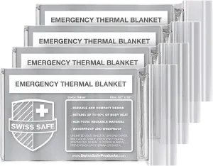 Swiss Safe Emergency Mylar Thermal Blankets   Bonus Space Blanket - Compact & Insulated for Cold Weather - Designed for NASA, Outdoor Camping, Survival, First Aid Car Kit - Silver, 4 Pack