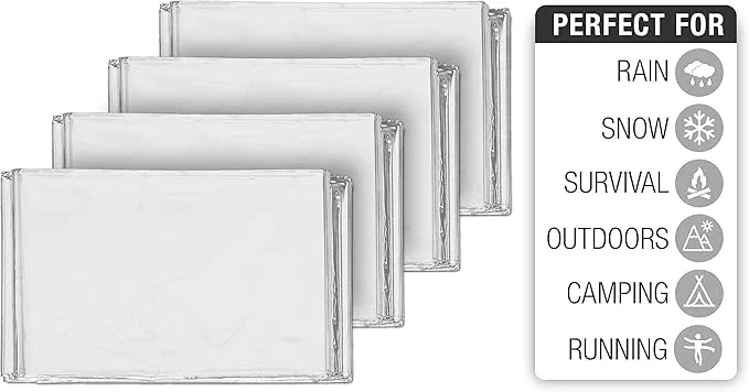 Swiss Safe Emergency Mylar Thermal Blankets   Bonus Space Blanket - Compact & Insulated for Cold Weather - Designed for NASA, Outdoor Camping, Survival, First Aid Car Kit - Silver, 4 Pack