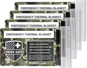 Swiss Safe Emergency Mylar Thermal Blankets   Bonus Space Blanket - Compact & Insulated for Cold Weather - Designed for NASA, Outdoor Camping, Survival, First Aid Car Kit - Woodland Camo, 4 Pack