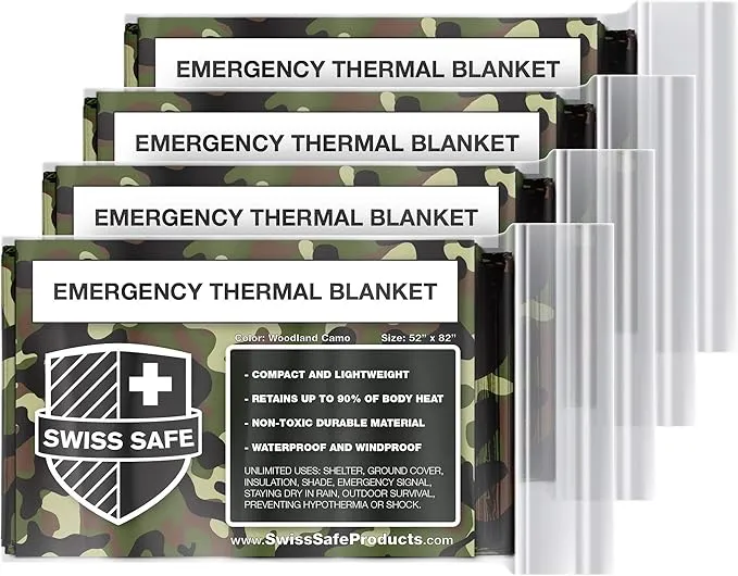 Swiss Safe Emergency Mylar Thermal Blankets   Bonus Space Blanket - Compact & Insulated for Cold Weather - Designed for NASA, Outdoor Camping, Survival, First Aid Car Kit - Woodland Camo, 4 Pack