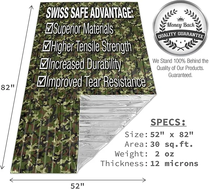 Swiss Safe Emergency Mylar Thermal Blankets   Bonus Space Blanket - Compact & Insulated for Cold Weather - Designed for NASA, Outdoor Camping, Survival, First Aid Car Kit - Woodland Camo, 4 Pack