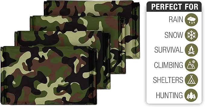 Swiss Safe Emergency Mylar Thermal Blankets   Bonus Space Blanket - Compact & Insulated for Cold Weather - Designed for NASA, Outdoor Camping, Survival, First Aid Car Kit - Woodland Camo, 4 Pack