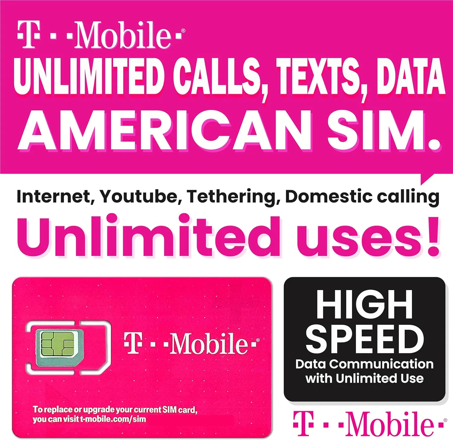 T-Mobile Prepaid USA SIM Card (60 Day) | 5G/4G-LTE Unlimited High Speed Data/Calls/Texts() Prepaid SIM Card for USA| Phone use only not for Modem |