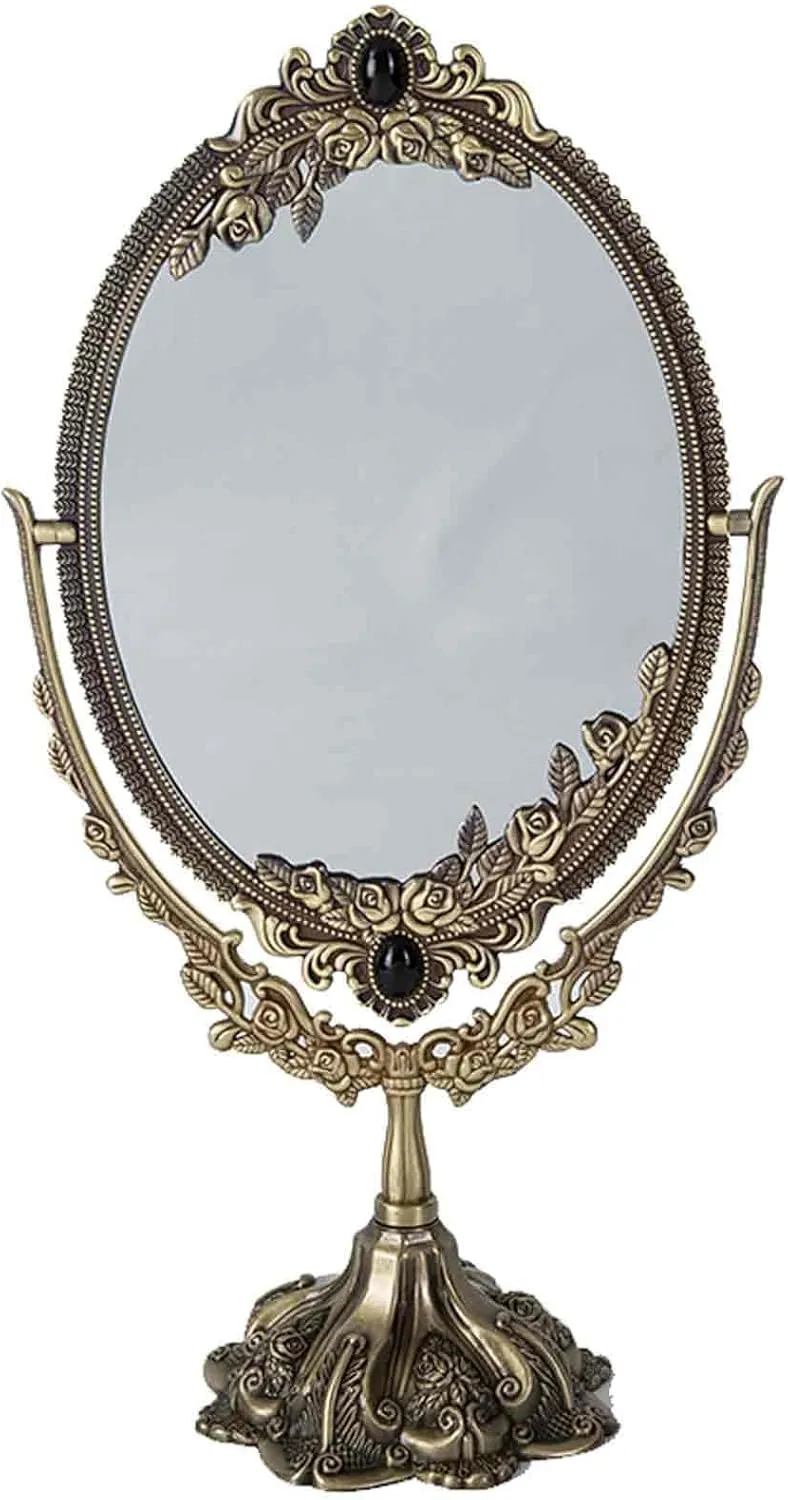 Table Mirror with Stand, Desk Mirror, Make Up Mirror, Double Sided Makeup 360 Degree Rotation Angle Adjustable, Retro Style, European-Style Carvings, A Good Choice for Gifts