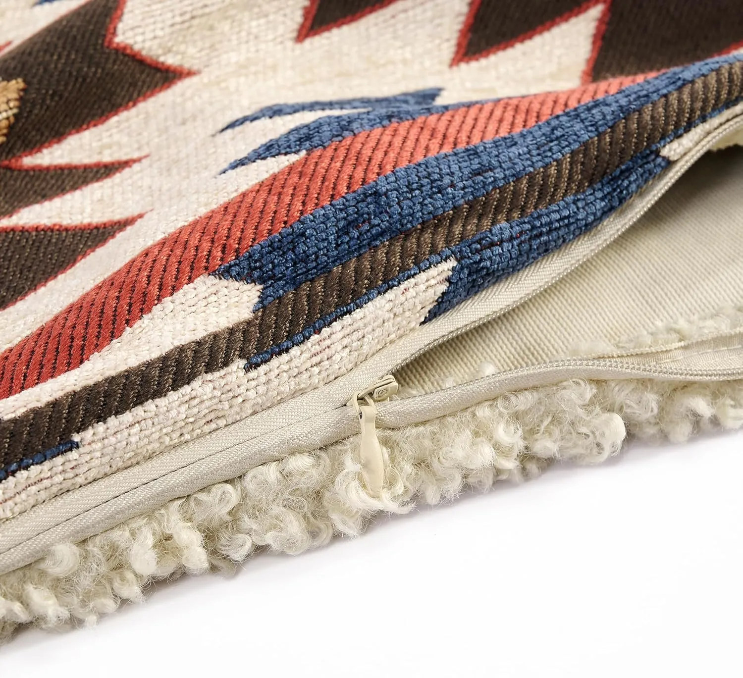 Tasha Polizzi for Paseo Road Mariella Western Throw Pillow, 18x18 inch, Chenille Red Blue Brown Aztec Teddy-Backed Pillow, Soft Boucle Reverse Side, Southwestern Western Pillow for Bed, Couch, Sofa