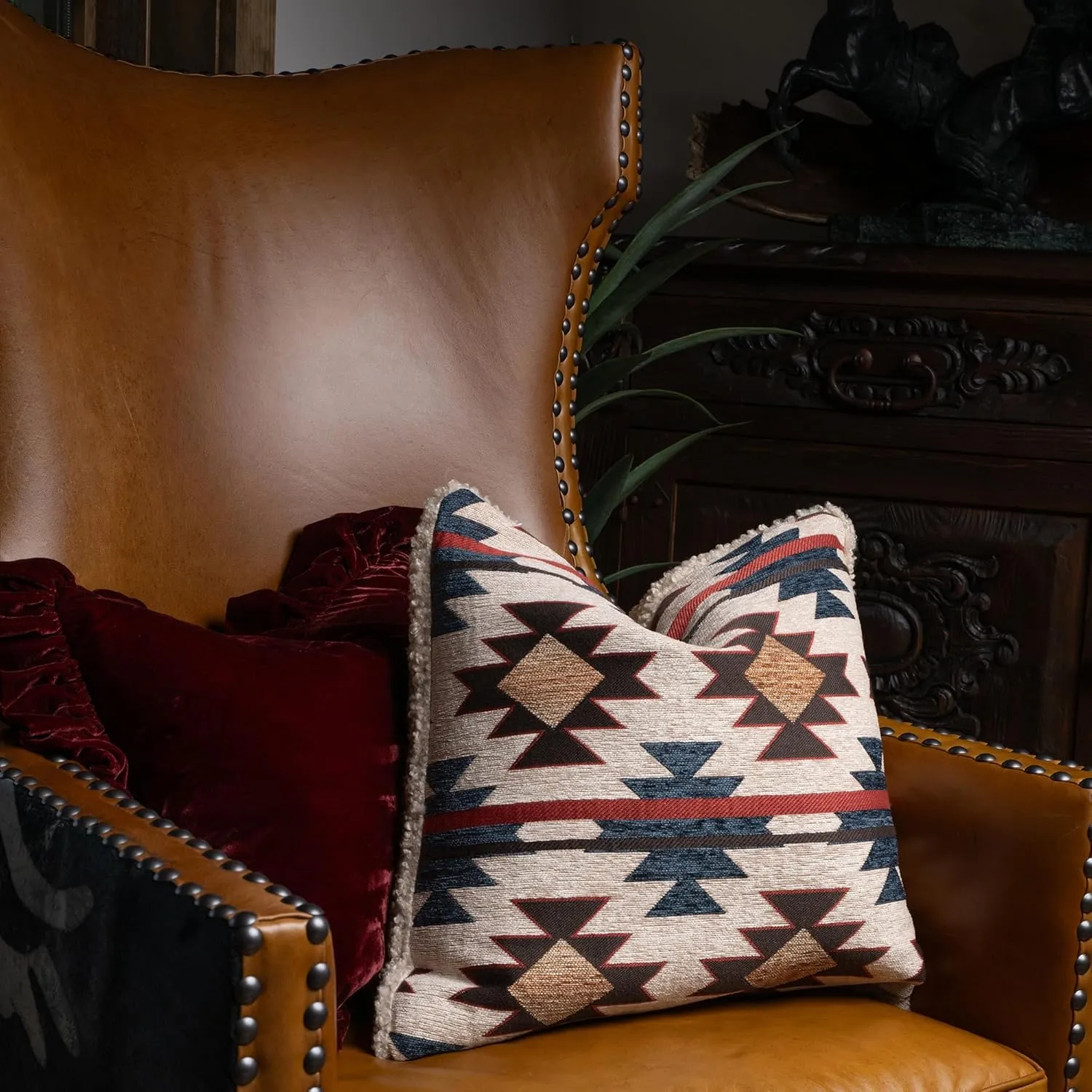 Tasha Polizzi for Paseo Road Mariella Western Throw Pillow, 18x18 inch, Chenille Red Blue Brown Aztec Teddy-Backed Pillow, Soft Boucle Reverse Side, Southwestern Western Pillow for Bed, Couch, Sofa