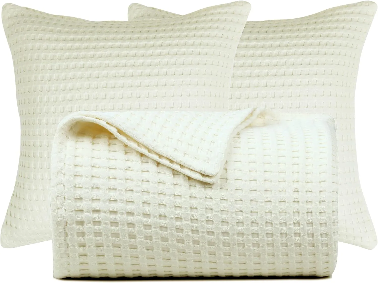 Tex Trend 100% Cotton Blanket Queen Size for Bed - Waffle Weave Fall Blanket, Lightweight and Breathable Soft Woven Blanket for All Seasons, Ivory, 90x90 Inches