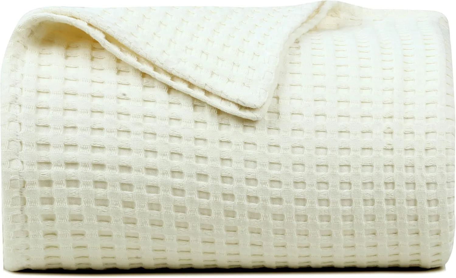 Tex Trend 100% Cotton Blanket Queen Size for Bed - Waffle Weave Fall Blanket, Lightweight and Breathable Soft Woven Blanket for All Seasons, Ivory, 90x90 Inches