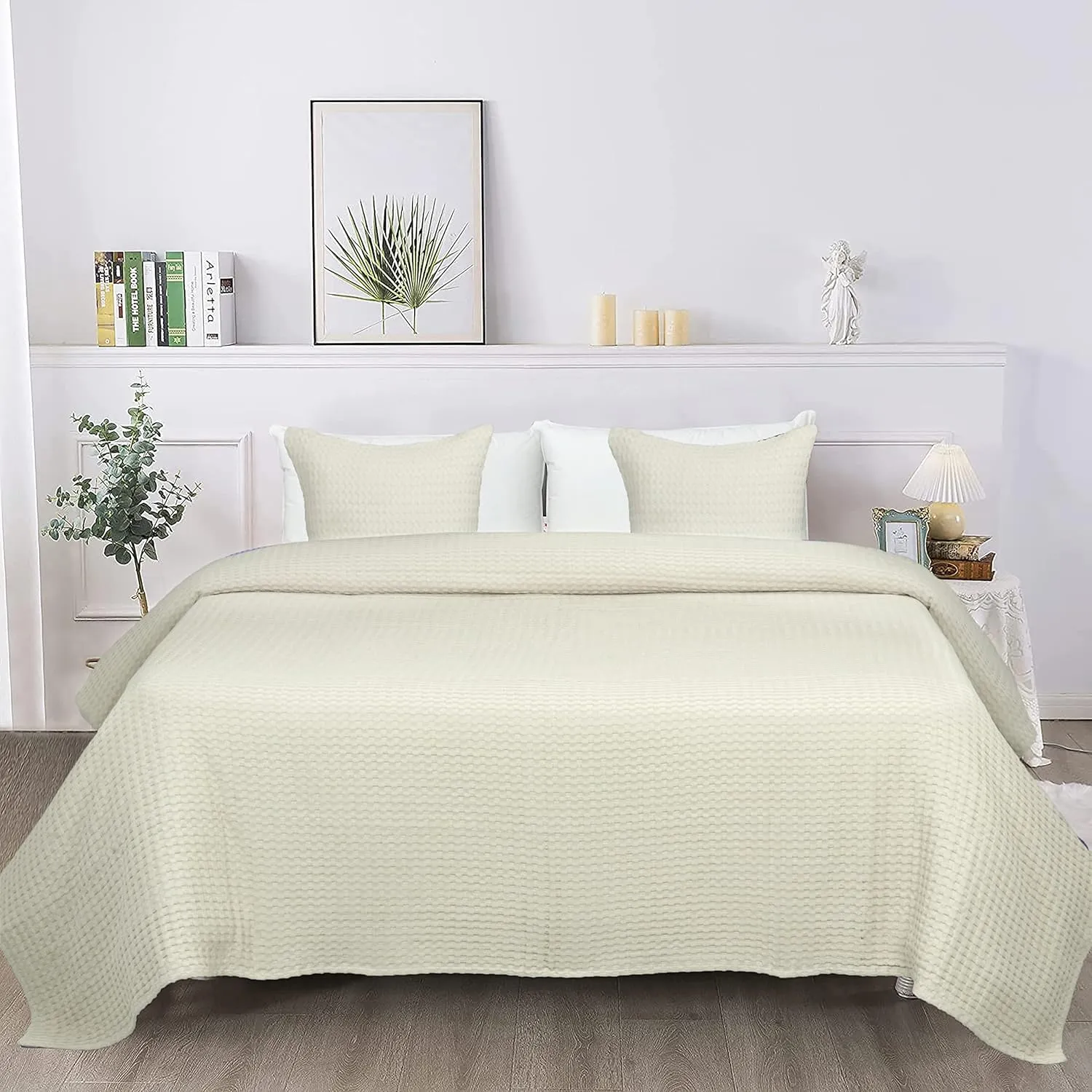 Tex Trend 100% Cotton Blanket Queen Size for Bed - Waffle Weave Fall Blanket, Lightweight and Breathable Soft Woven Blanket for All Seasons, Ivory, 90x90 Inches