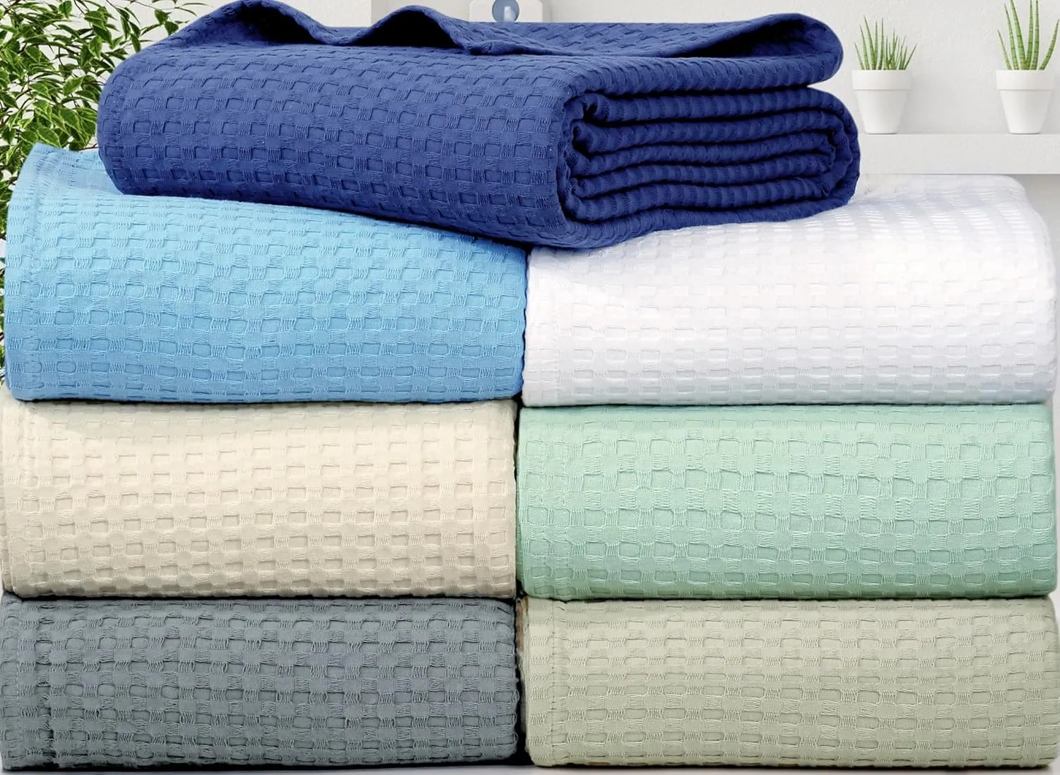 Tex Trend 100% Cotton Blanket Queen Size for Bed - Waffle Weave Fall Blanket, Lightweight and Breathable Soft Woven Blanket for All Seasons, Ivory, 90x90 Inches