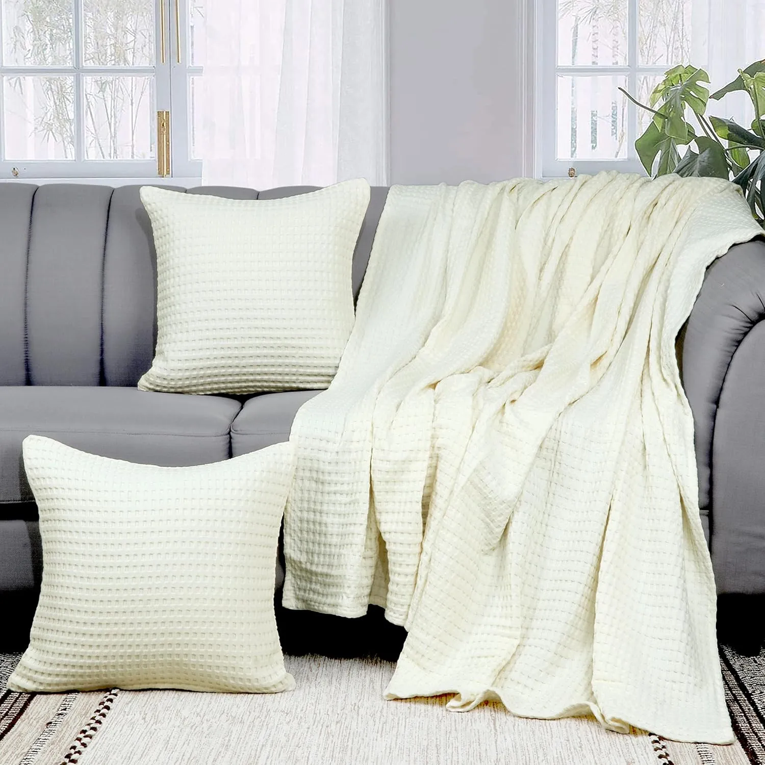 Tex Trend 100% Cotton Blanket Queen Size for Bed - Waffle Weave Fall Blanket, Lightweight and Breathable Soft Woven Blanket for All Seasons, Ivory, 90x90 Inches