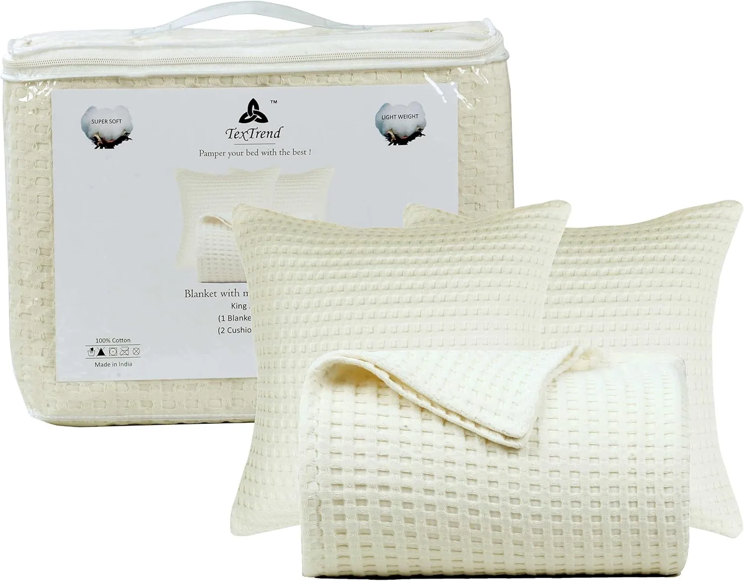 Tex Trend 100% Cotton Blanket Queen Size for Bed - Waffle Weave Fall Blanket, Lightweight and Breathable Soft Woven Blanket for All Seasons, Ivory, 90x90 Inches