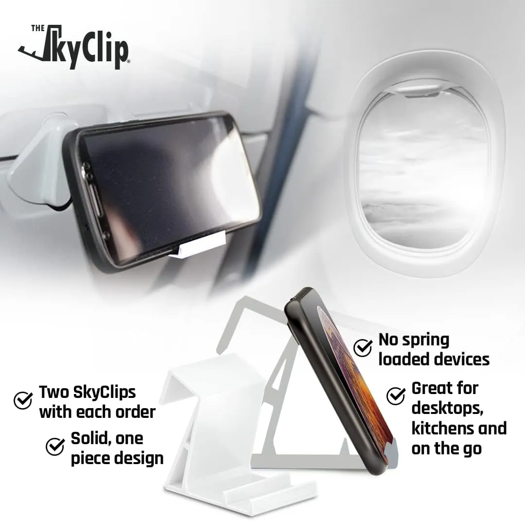 The SkyClip Airplane Cell Phone Back of Seat Inflight Tray Table Clip and Sturdy Phone Stand, Compatible with iPhone, Android, Tablets, and Readers, Travel Must Have (White 2 Pack)