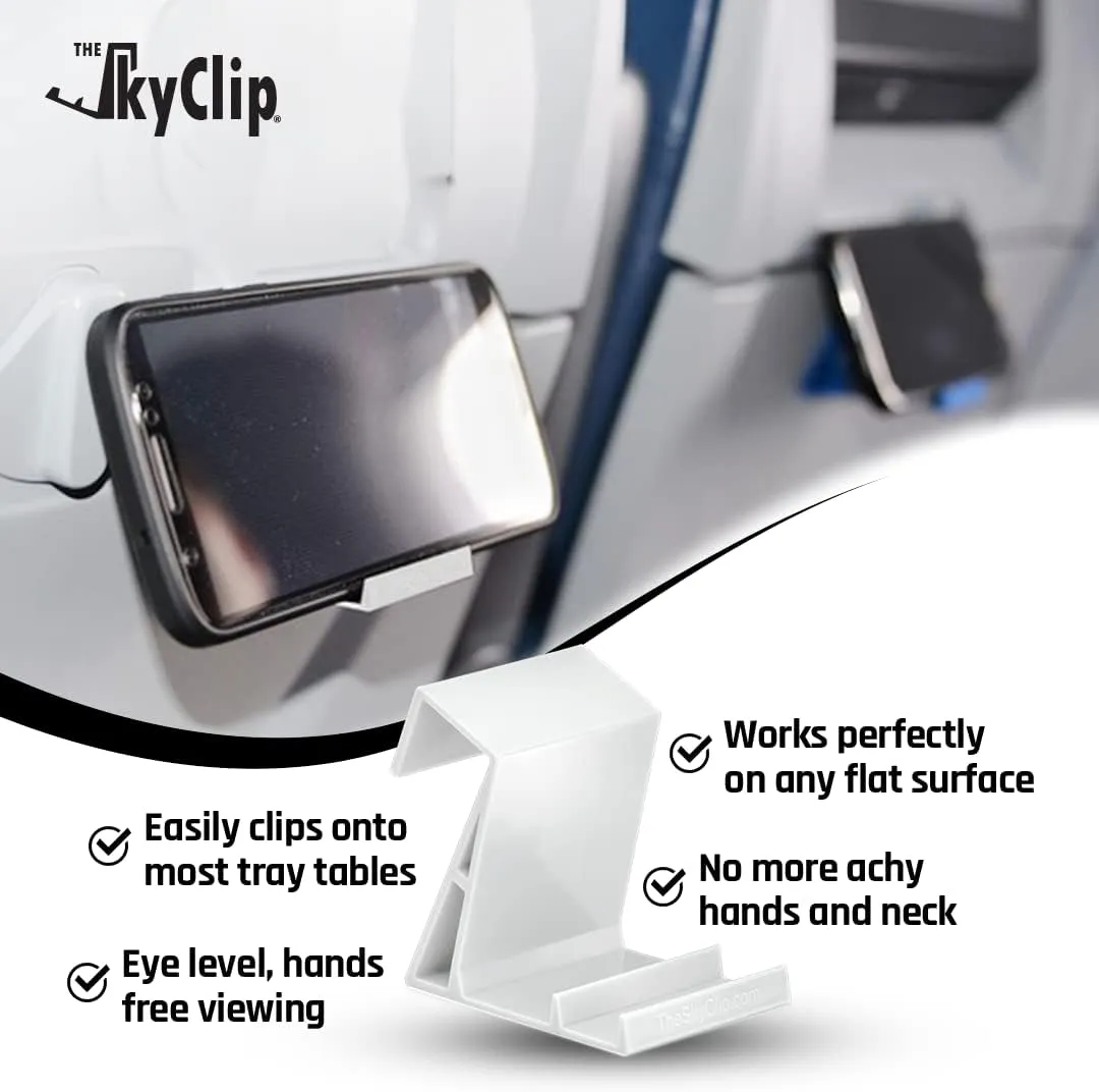 The SkyClip Airplane Cell Phone Back of Seat Inflight Tray Table Clip and Sturdy Phone Stand, Compatible with iPhone, Android, Tablets, and Readers, Travel Must Have (White 2 Pack)