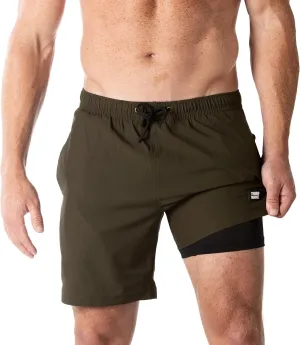 Third Wave Swim Trunks with Compression Liner - Men's Premium 7 Inch Inseam Quick Dry Swim Shorts for Beach and Swimming