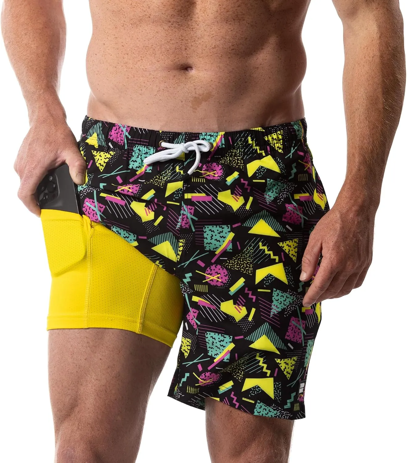 Third Wave Swim Trunks with Compression Liner - Men's Premium 7 Inch Inseam Quick Dry Swim Shorts for Beach and Swimming