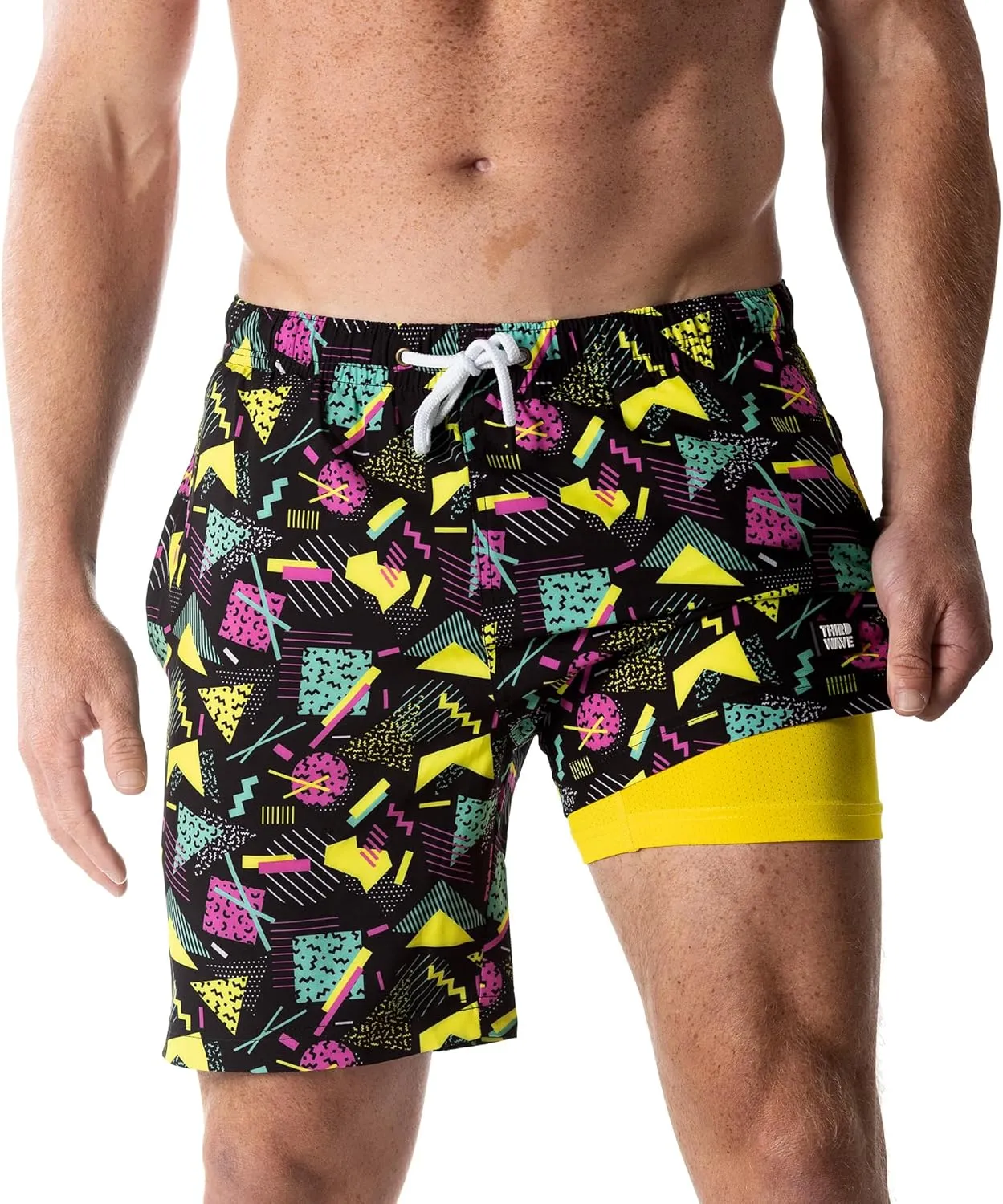 Third Wave Swim Trunks with Compression Liner - Men's Premium 7 Inch Inseam Quick Dry Swim Shorts for Beach and Swimming
