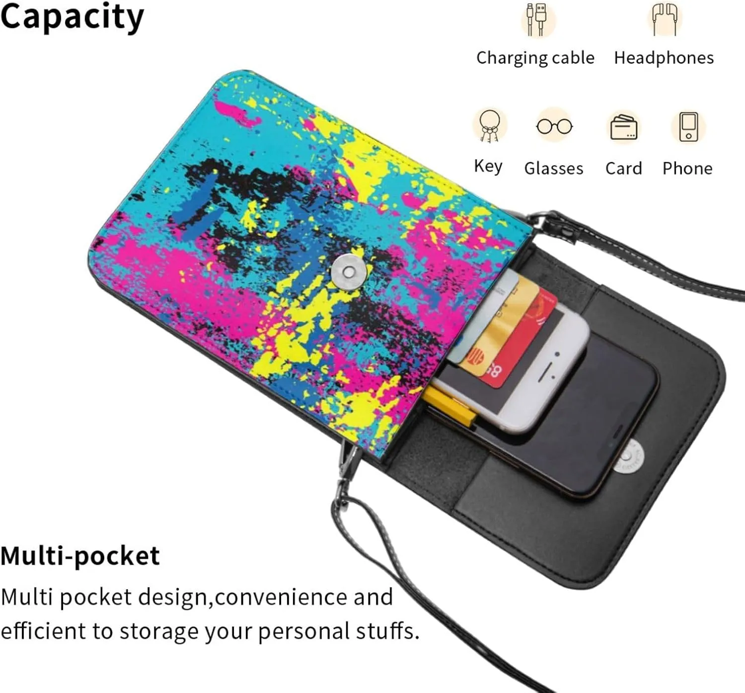 Tie Dye Colorful heart Leather Crossbody Cell Phone Purse Small Wallet Bags Adjustable Phone Bag for Women