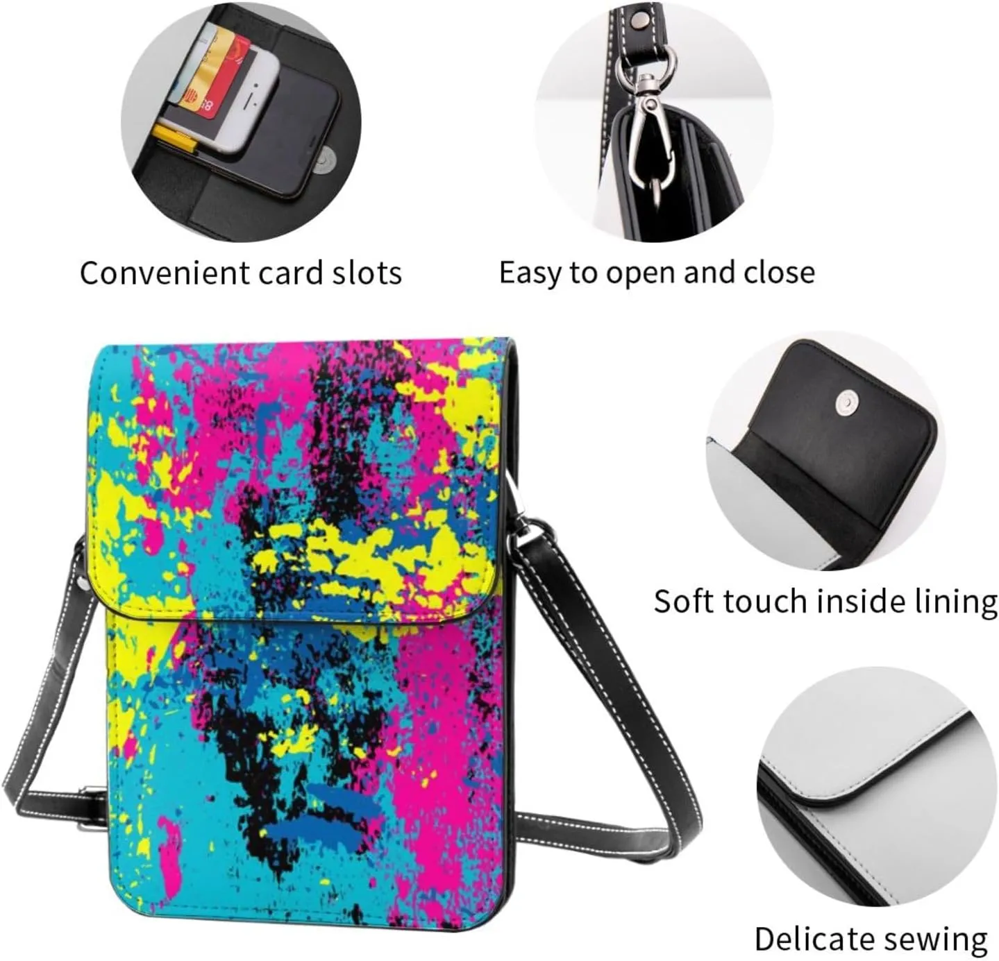 Tie Dye Colorful heart Leather Crossbody Cell Phone Purse Small Wallet Bags Adjustable Phone Bag for Women