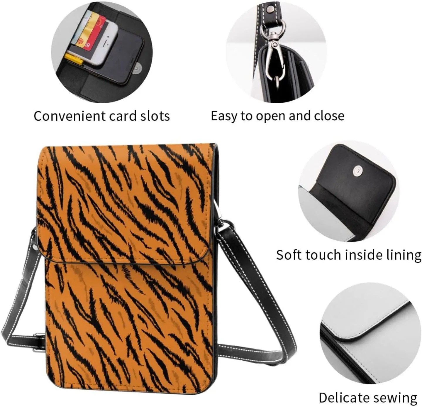 Tiger Stripes Leather Crossbody Cell Phone Purse Small Wallet Bags Adjustable Phone Bag for Women
