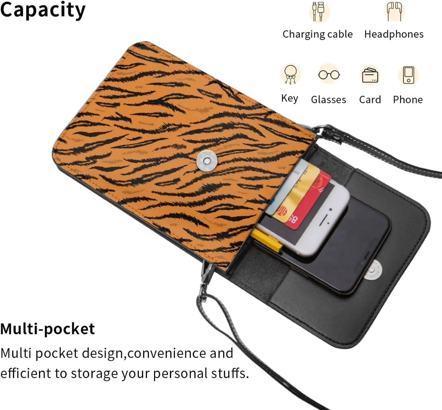 Tiger Stripes Leather Crossbody Cell Phone Purse Small Wallet Bags Adjustable Phone Bag for Women