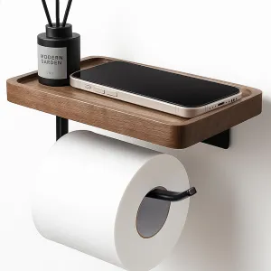 Toilet Paper Holder with Walnut Wood Shelf – Adhesive or Wall Mounted Bathroom Storage Organizer, Rustic Modern Wood and Metal Roll Rack for Small Spaces, RV, Guest Toilet