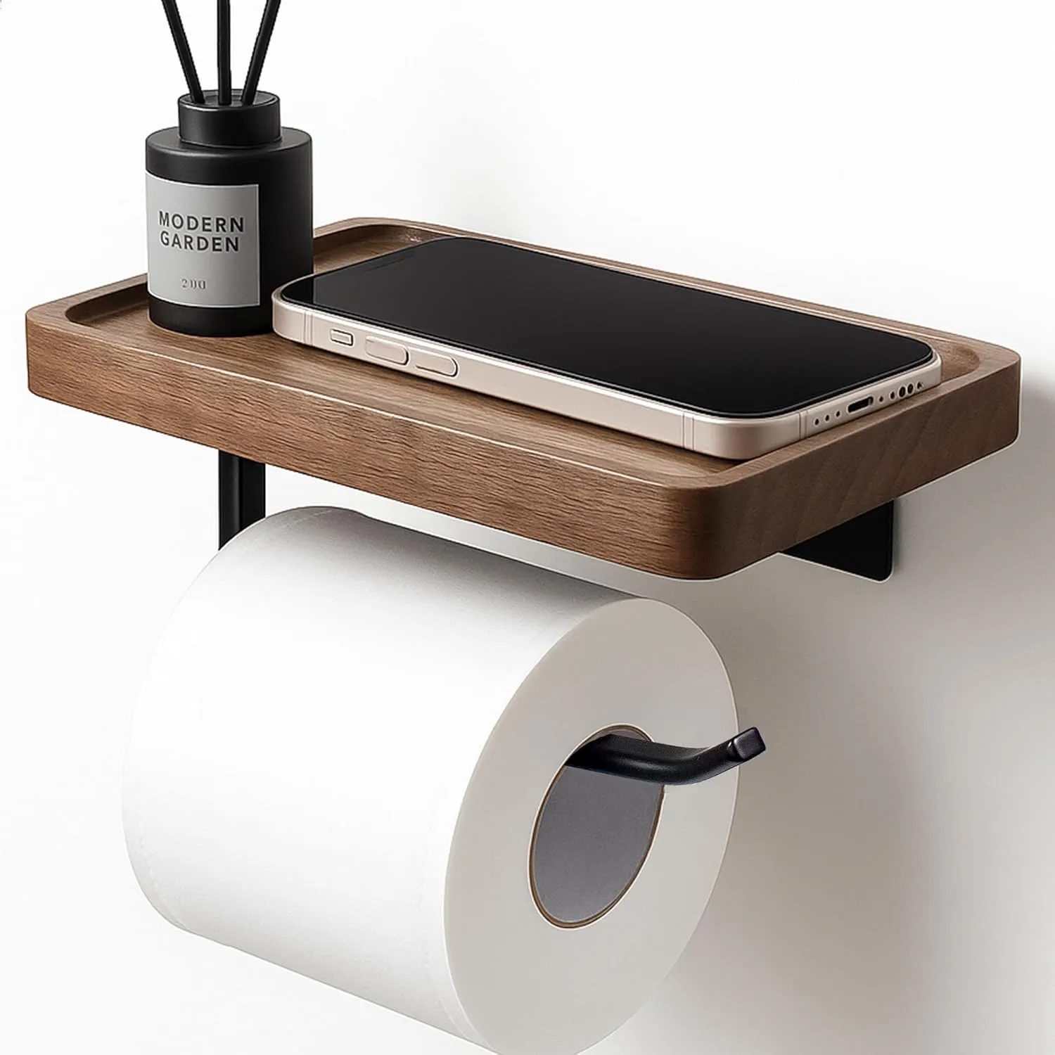 Toilet Paper Holder with Walnut Wood Shelf – Adhesive or Wall Mounted Bathroom Storage Organizer, Rustic Modern Wood and Metal Roll Rack for Small Spaces, RV, Guest Toilet