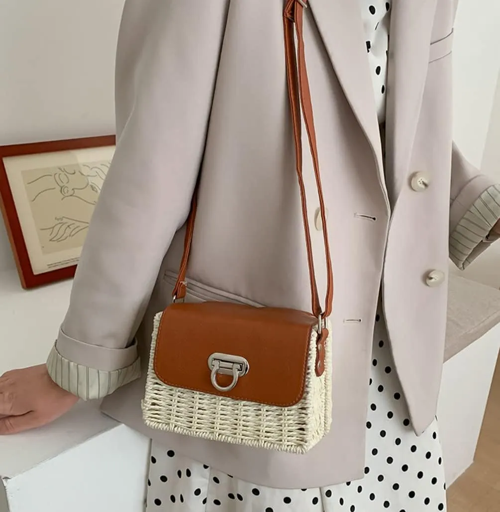 TONWHAR Womens Handmade Woven Shoulder Bag, Chic Straw Crossbody Bag/Purse for Beach Summer Holiday