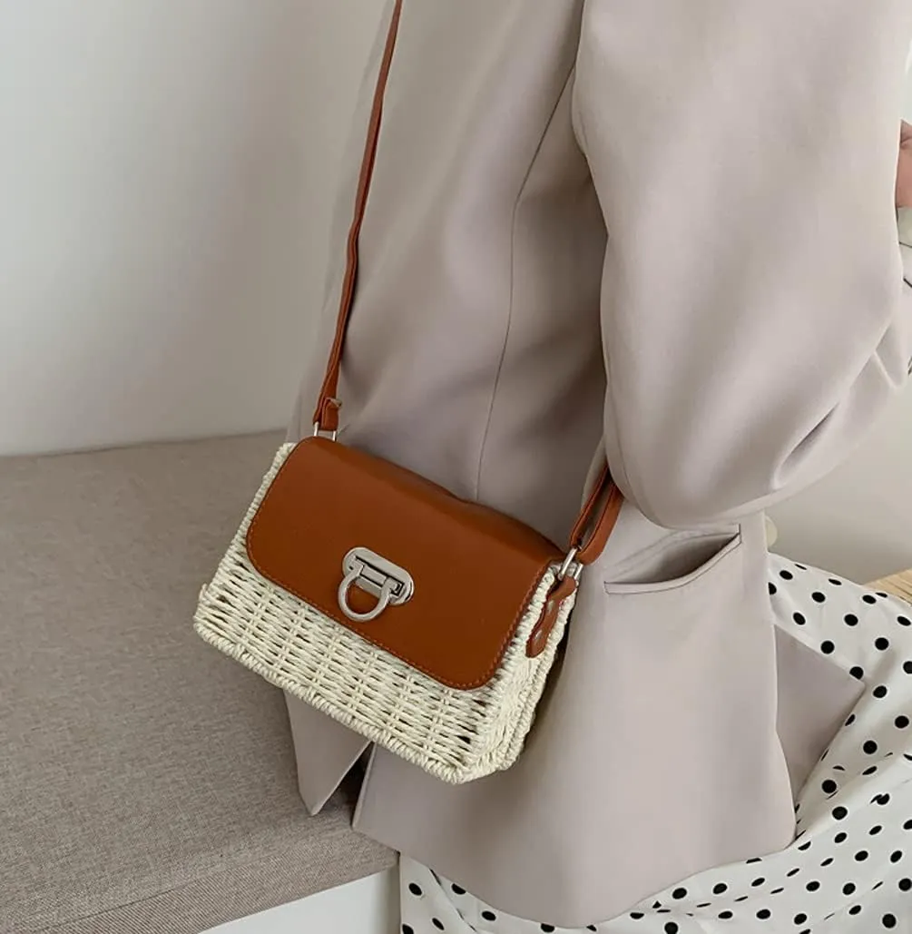TONWHAR Womens Handmade Woven Shoulder Bag, Chic Straw Crossbody Bag/Purse for Beach Summer Holiday