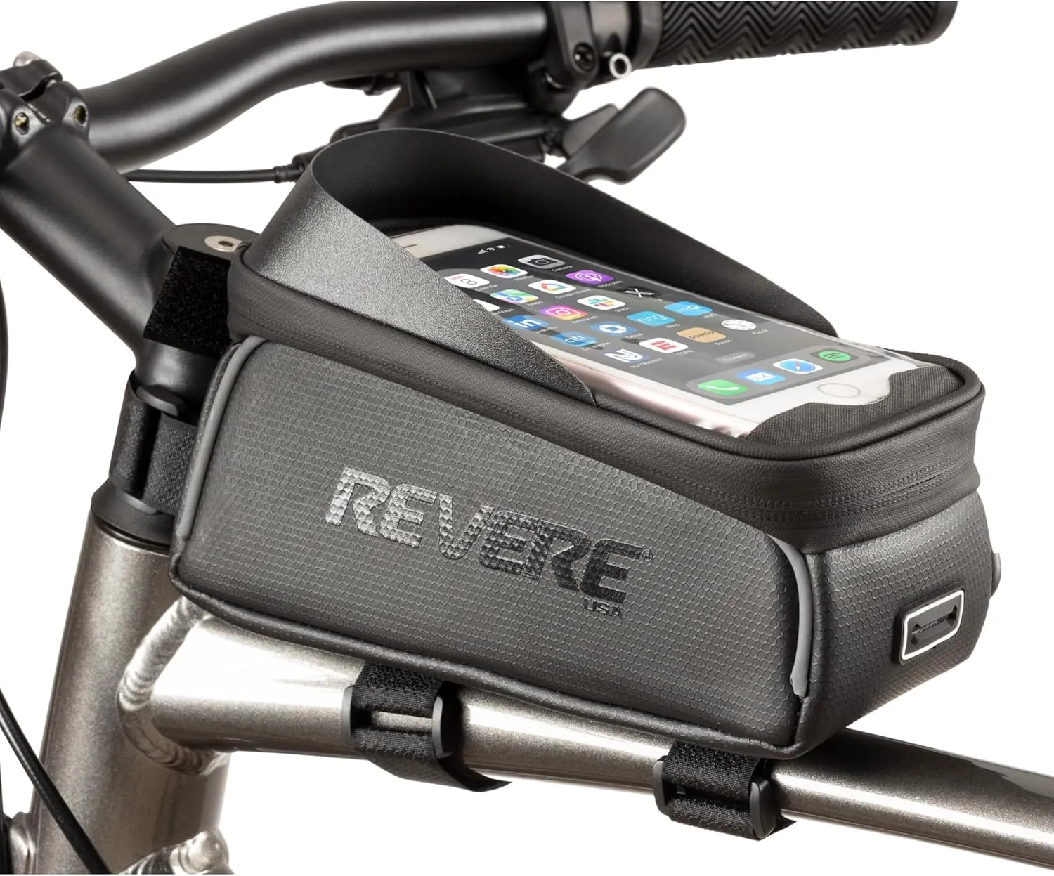 Top Tube Front Mount Bag For Mountain or Road Bikes, EBikes. Weatherproof Cell Phone Holder, Compatible phones 7’’ or smaller. Clear cover is touch screen connective even with gloves