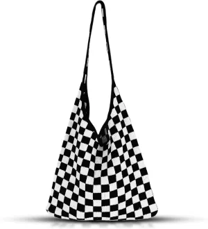 Tote Bag for Women, Knitting Shoulder Bag, Soft Checkerboard Handbags, Large Capacity Travel Bag for Vacation, Daily Matching