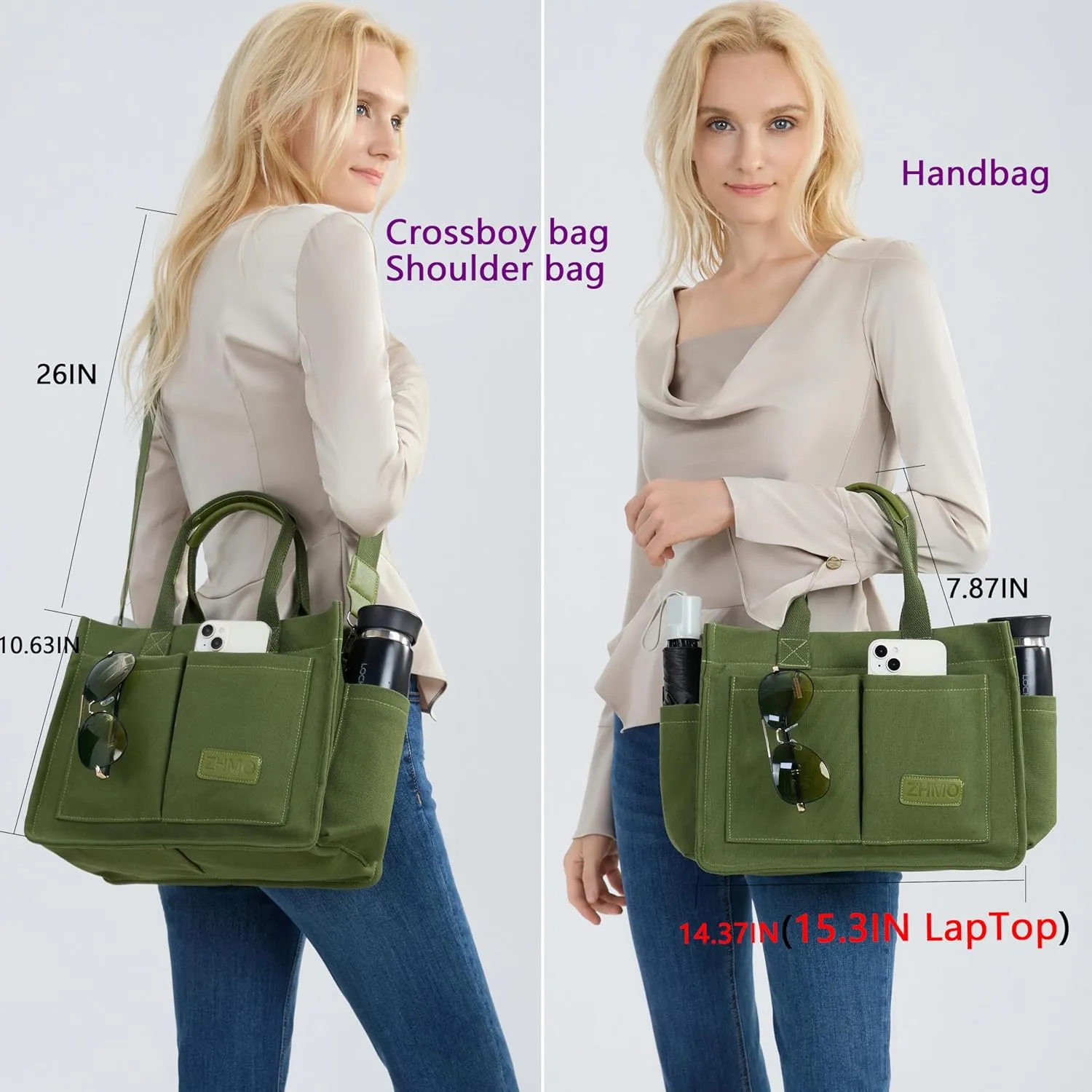 Tote Bag for Women With Compartments,Large Canvas Tote Women's Purse Crossbody Bags Work Laptop Book Bag Satchels Handbags