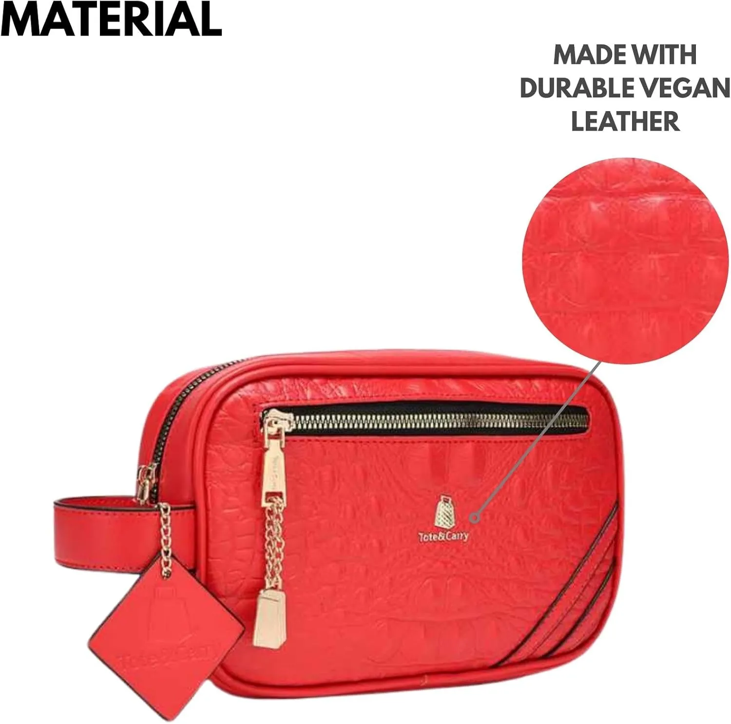 Tote&Carry Apollo 2 Faux Crocodile Skin Toiletry Bag for Women & Men, Personal Item Travel Pouch for Hygiene, Shaving, Makeup, Cosmetic & Medicine Organizer, Water-Resistant (Red)