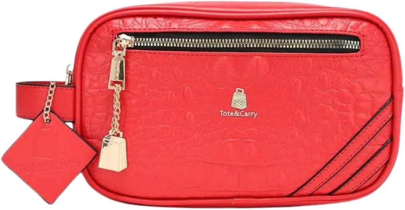 Tote&Carry Apollo 2 Faux Crocodile Skin Toiletry Bag for Women & Men, Personal Item Travel Pouch for Hygiene, Shaving, Makeup, Cosmetic & Medicine Organizer, Water-Resistant (Red)