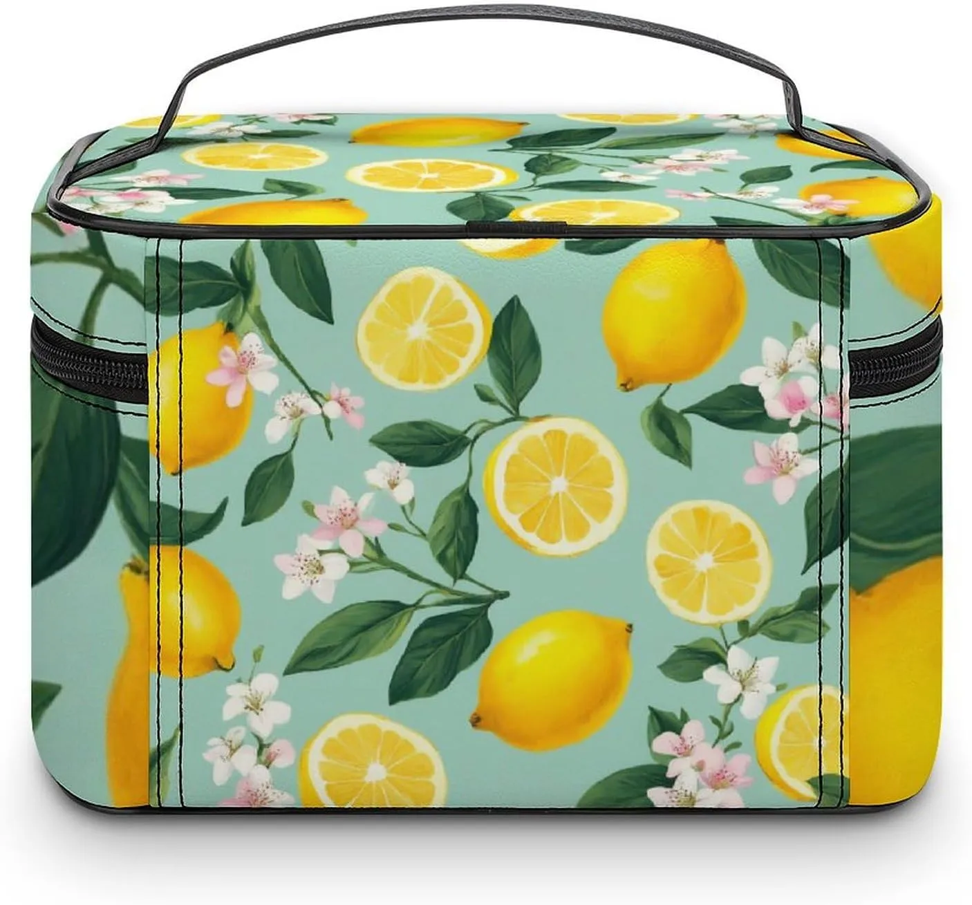 Travel Large Cosmetic Bag for Women, Portable Makeup Organizer Case with Handle Lemon Tree Leaves Tropical Flowers Floral Toiletry Bag Makeup Accessories