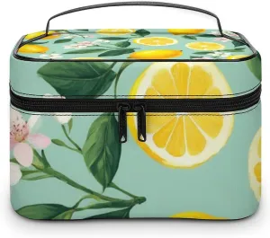 Travel Large Cosmetic Bag for Women, Portable Makeup Organizer Case with Handle Lemon Tree Leaves Tropical Flowers Floral Toiletry Bag Makeup Accessories
