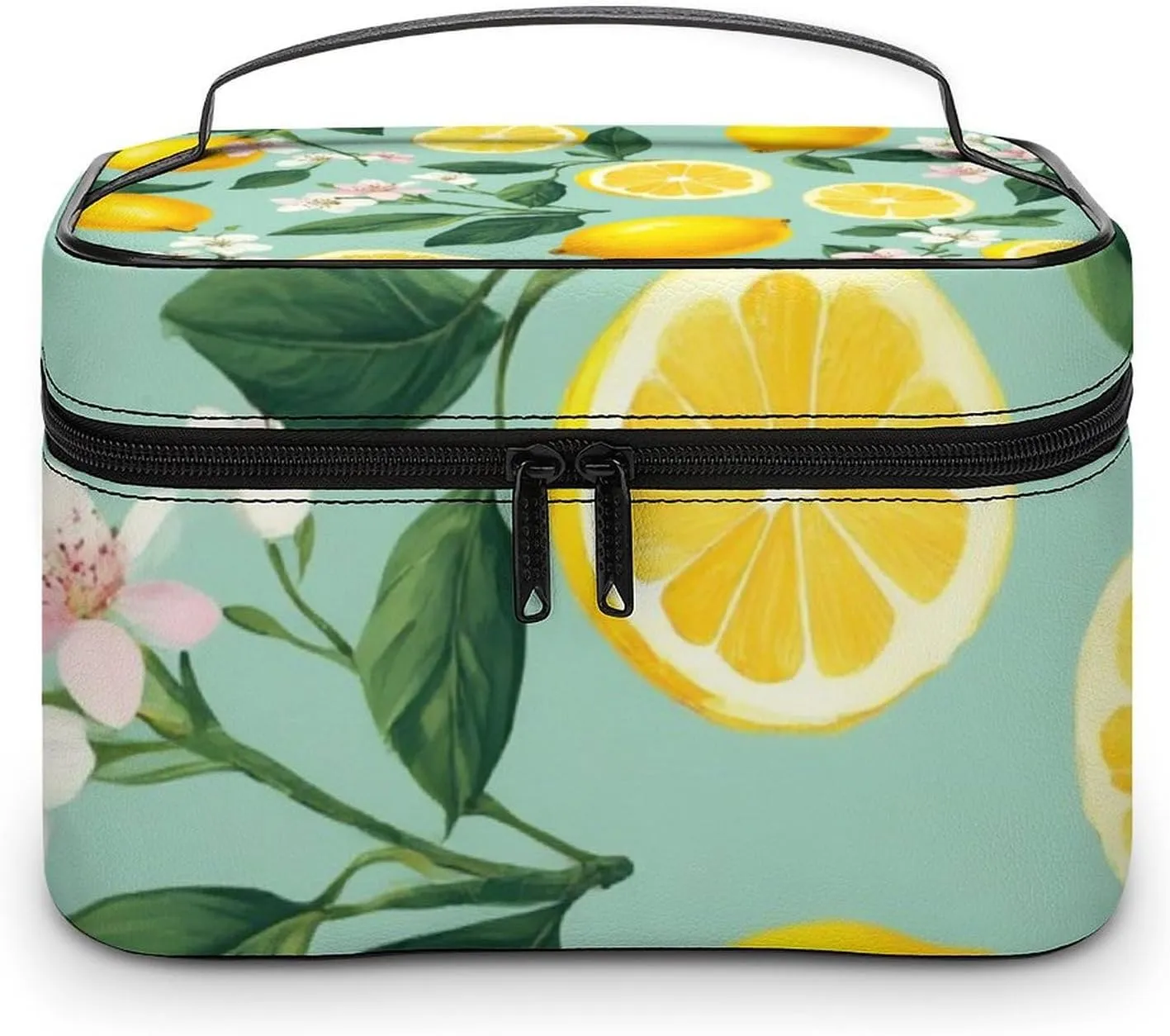 Travel Large Cosmetic Bag for Women, Portable Makeup Organizer Case with Handle Lemon Tree Leaves Tropical Flowers Floral Toiletry Bag Makeup Accessories