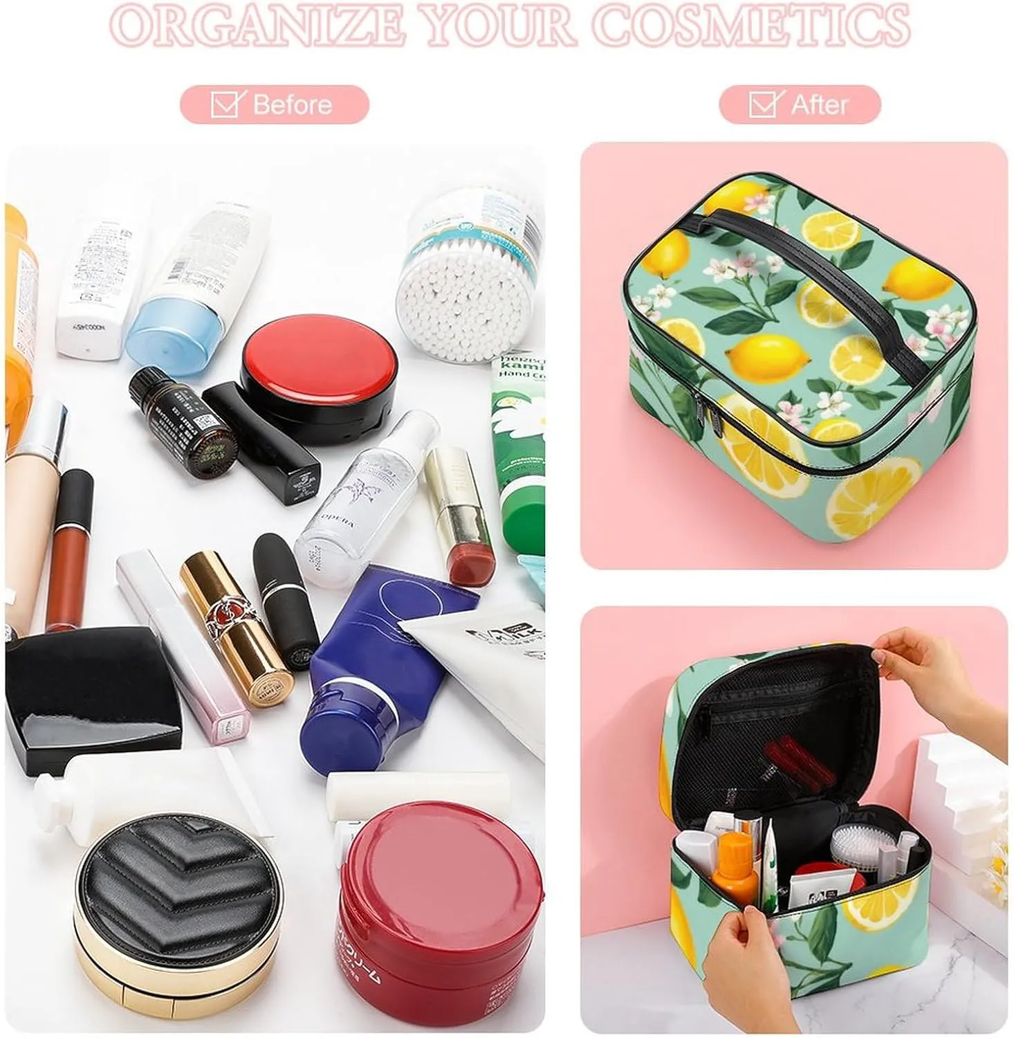 Travel Large Cosmetic Bag for Women, Portable Makeup Organizer Case with Handle Lemon Tree Leaves Tropical Flowers Floral Toiletry Bag Makeup Accessories