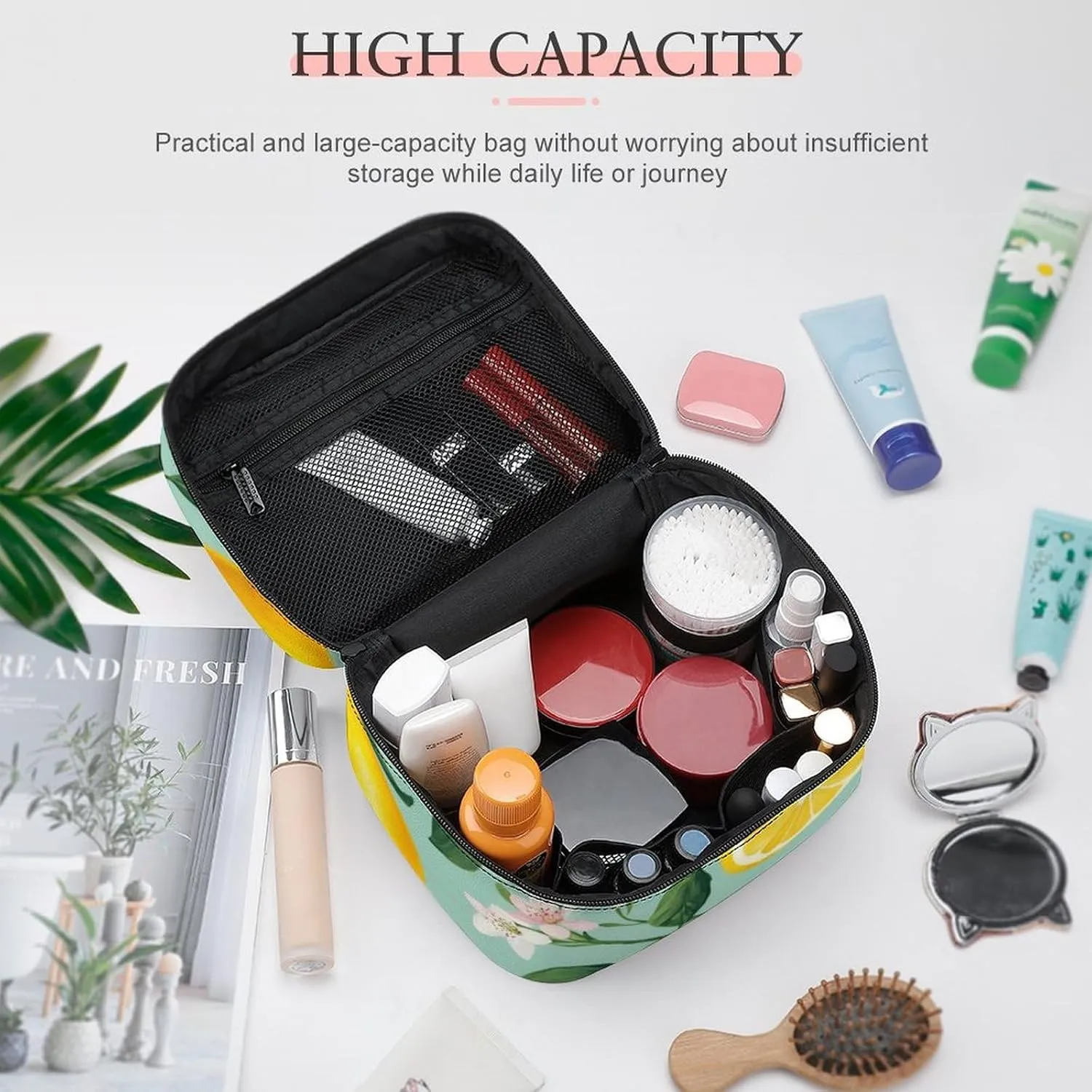 Travel Large Cosmetic Bag for Women, Portable Makeup Organizer Case with Handle Lemon Tree Leaves Tropical Flowers Floral Toiletry Bag Makeup Accessories