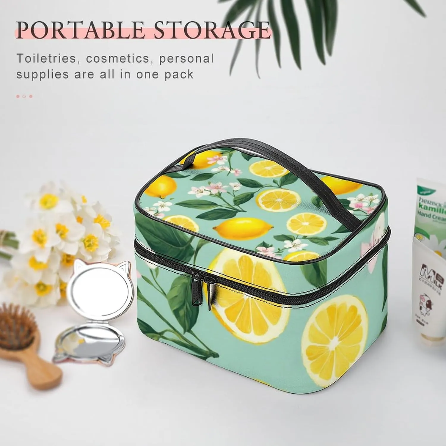 Travel Large Cosmetic Bag for Women, Portable Makeup Organizer Case with Handle Lemon Tree Leaves Tropical Flowers Floral Toiletry Bag Makeup Accessories