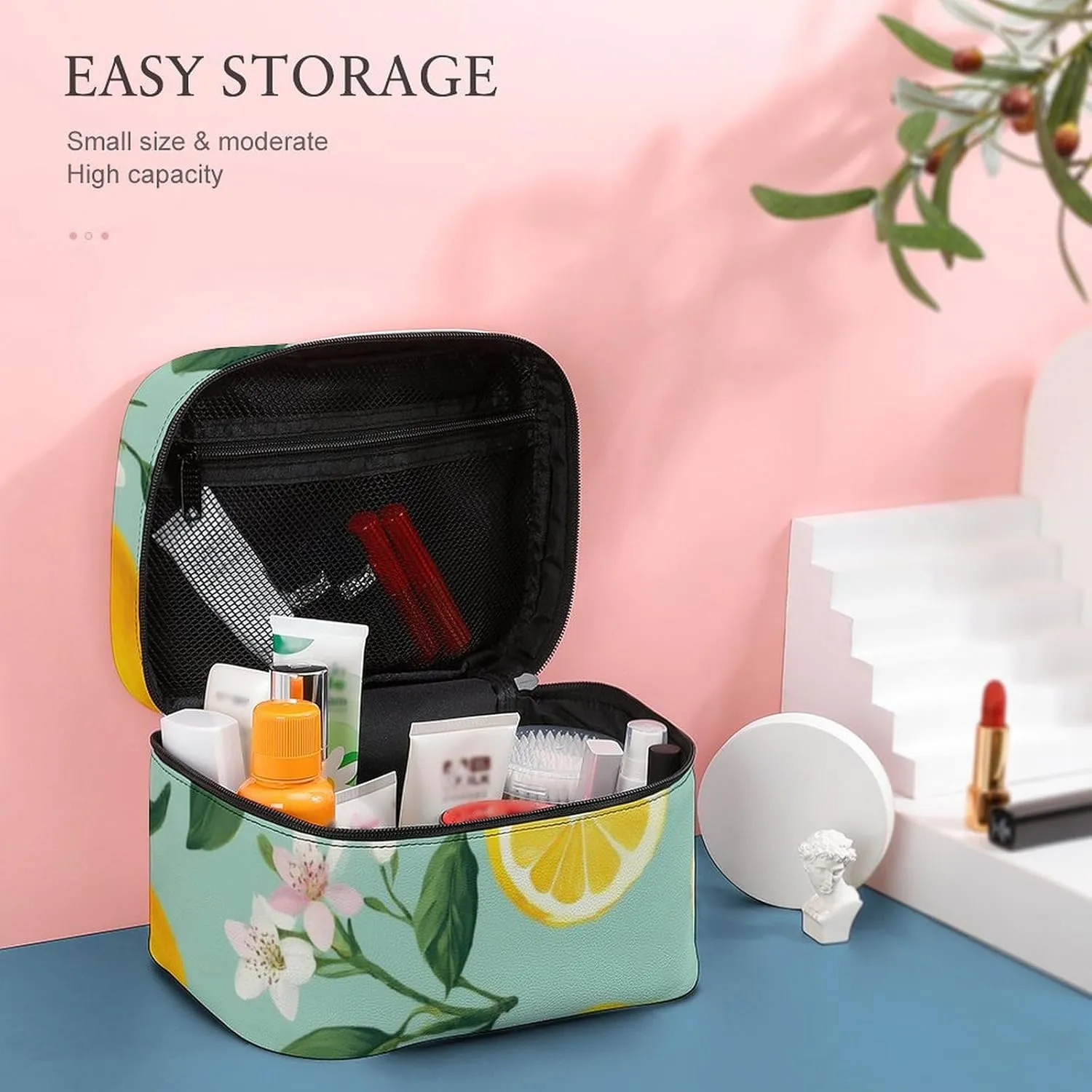 Travel Large Cosmetic Bag for Women, Portable Makeup Organizer Case with Handle Lemon Tree Leaves Tropical Flowers Floral Toiletry Bag Makeup Accessories