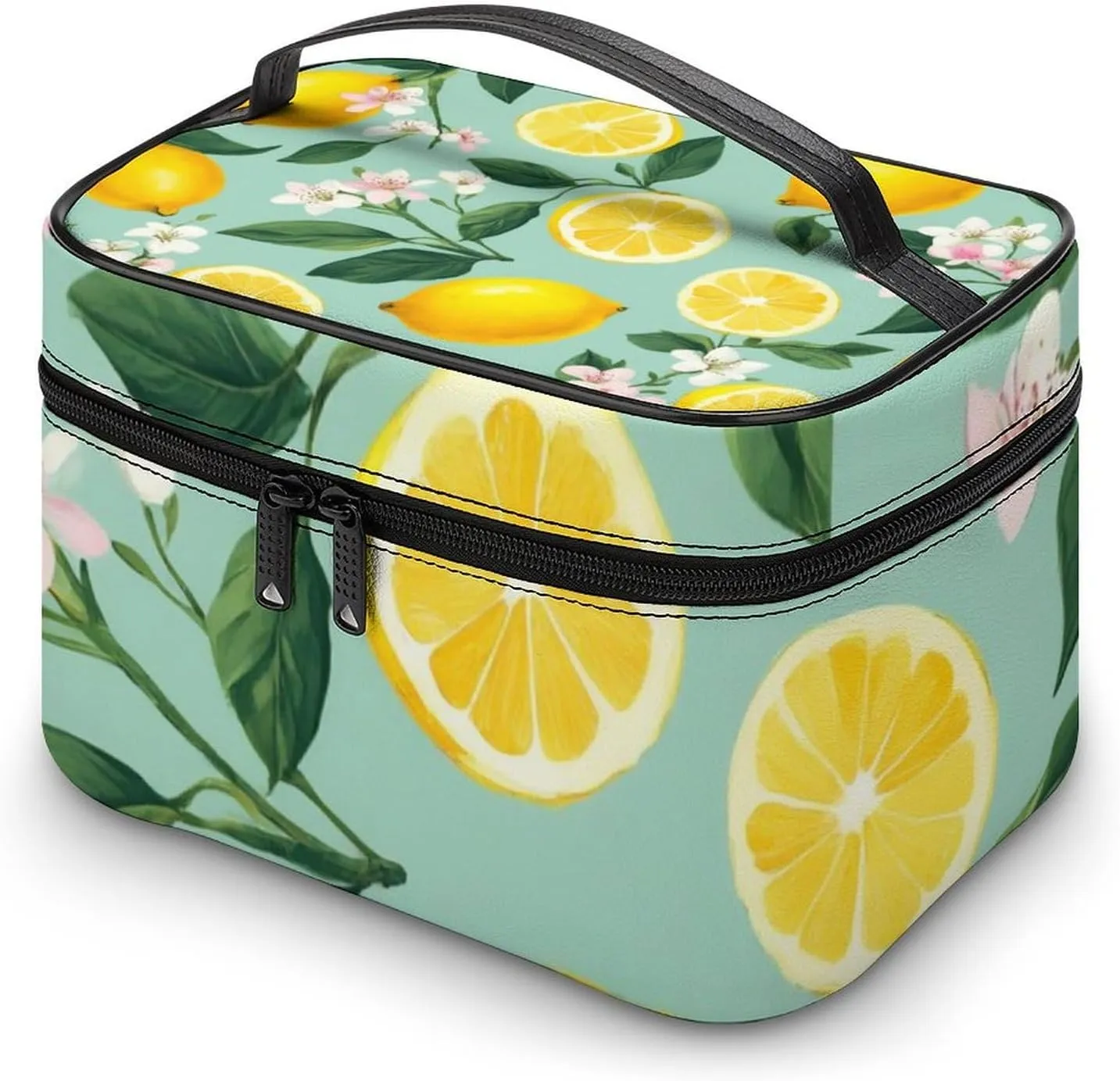Travel Large Cosmetic Bag for Women, Portable Makeup Organizer Case with Handle Lemon Tree Leaves Tropical Flowers Floral Toiletry Bag Makeup Accessories