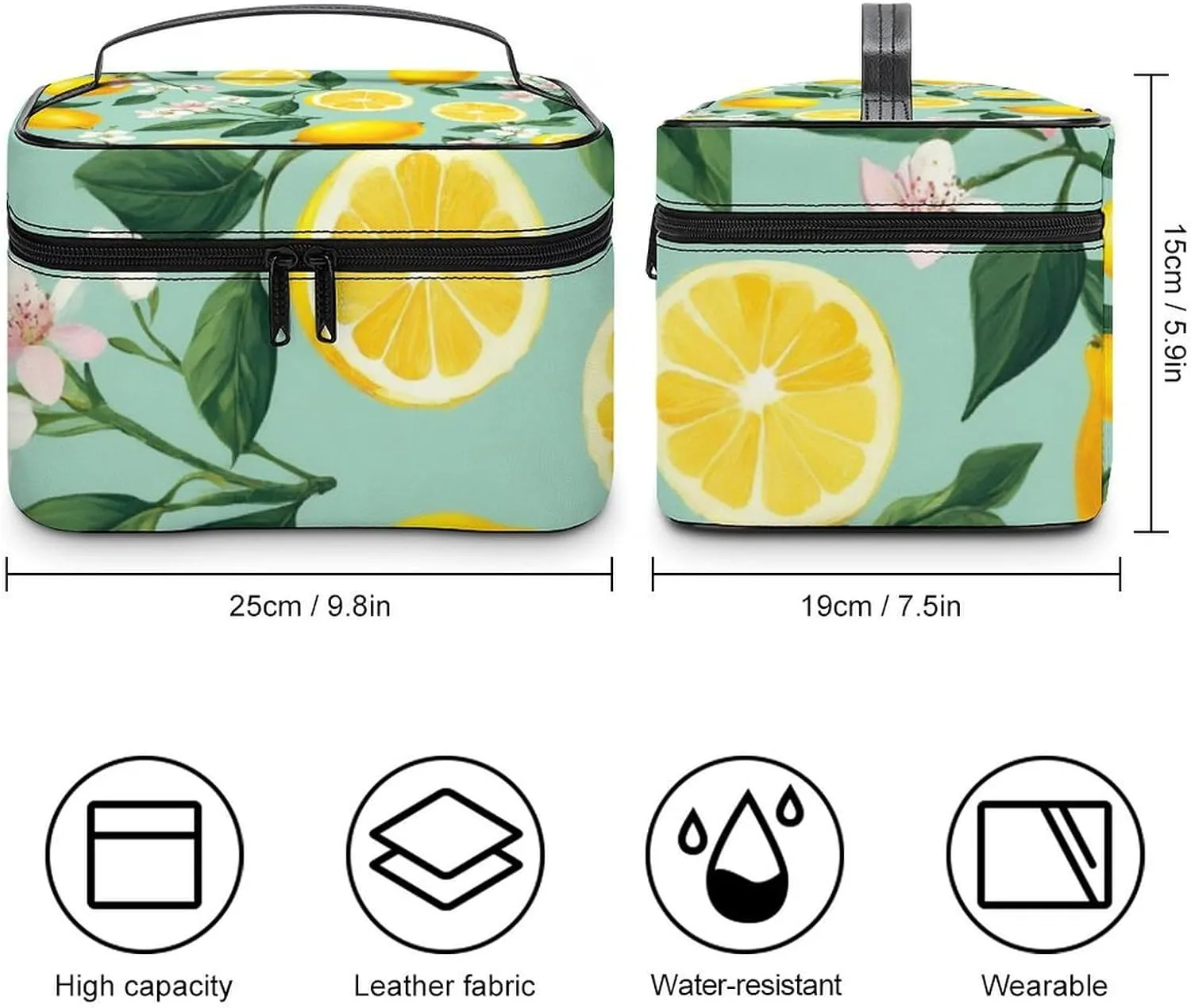 Travel Large Cosmetic Bag for Women, Portable Makeup Organizer Case with Handle Lemon Tree Leaves Tropical Flowers Floral Toiletry Bag Makeup Accessories