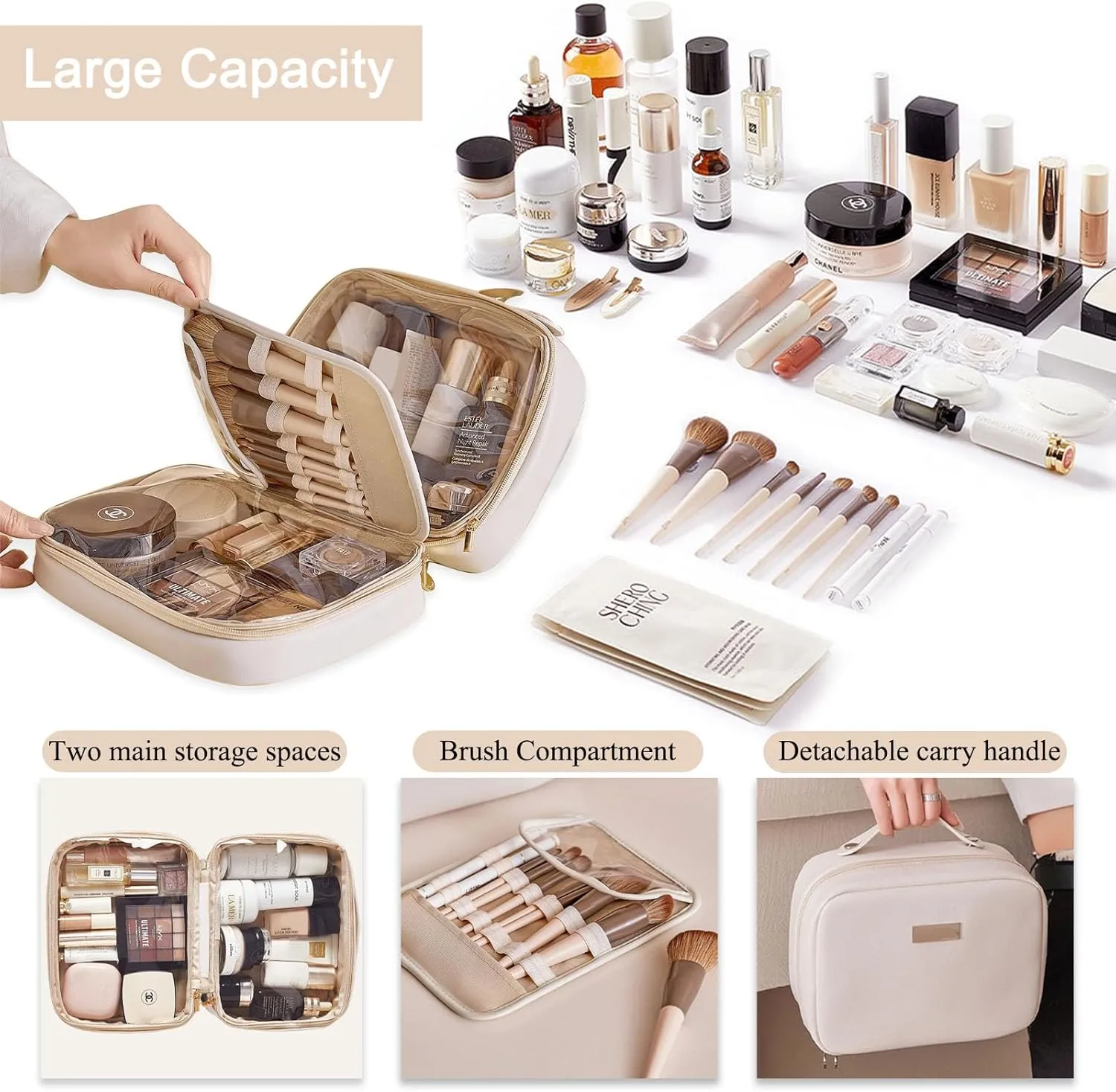 Travel Makeup Bag Large Capacity Cosmetic Bag for Women Portable Waterproof PU Leather Organizer Bag Double Sided with Brush Compartments, White